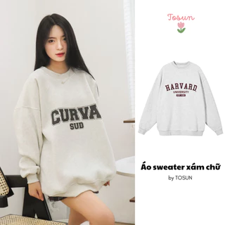 Áo sweater nỉ bông form rộng unisex xám tiêu in chữ basic TOSUN S02