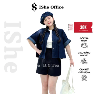 Áo sơ mi croptop jean denim tay lỡ form rộng basic ishe by tea