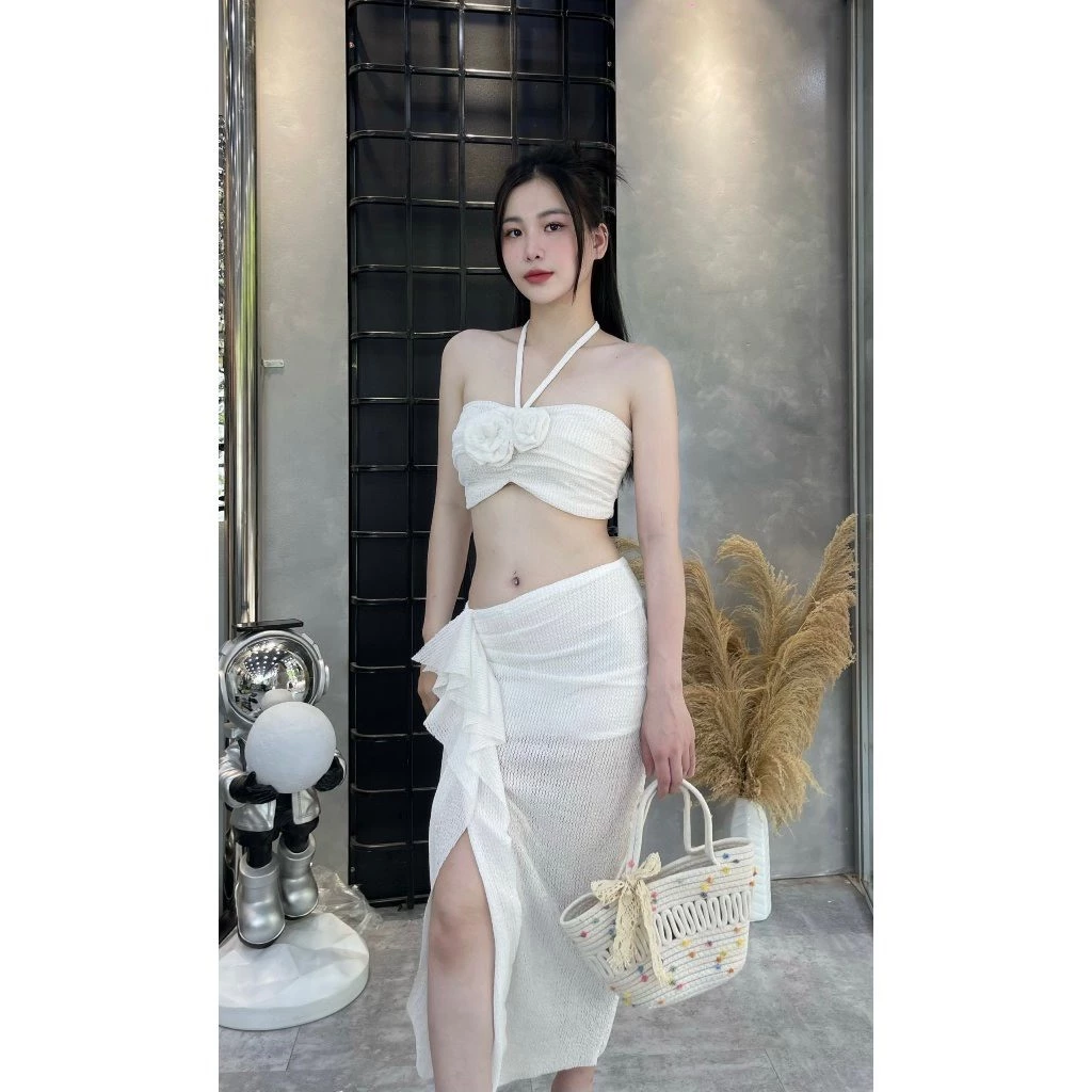 MS949  Set Đồ bơi Váy đi biển áo quây HOA NGỰC phối chân váy xẻ tà cách điệu nhẹ nhàng tôn dáng