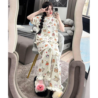 Set bộ nữ NHIỀU CON VẬT mặc nhà form rộng áo phông mix quần bèo, Set bộ ngủ nữ in nhiều hình cute phong cách Hàn Quố