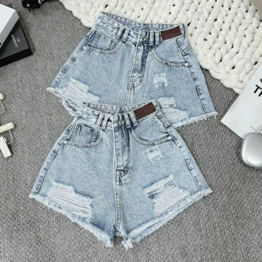 Quần Short Jean Nữ Zinly Cạp Cao Ống Rộng Dáng Chữ A Chất Cotton Jean Không Co Giãn Q308