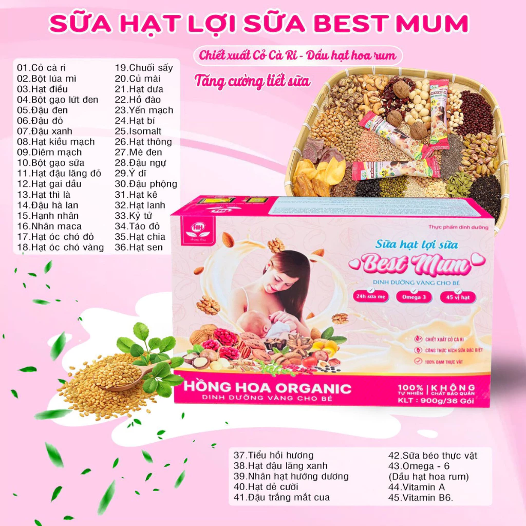 Sữa hạt - Ngũ cốc lợi sữa Best Mum Hồng Hoa Organic, siêu kích sữa, sữa về nhiều, đặc và mát. Sản phẩm vàng cho mẹ và bé