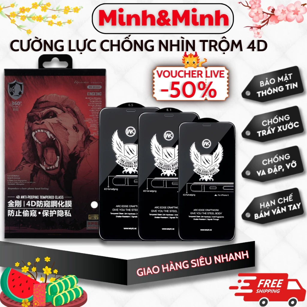 Kính Cường Lực Chống Nhìn Trộm KK 4D KTMStore Full Màn 7plus/8/8plus/x/xs/xs max/11/12 pro/11 13 14 promax 15promax