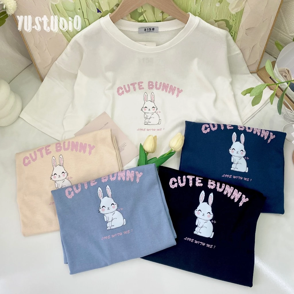 Áo thun form rộng YUSTUDIO chất cotton khô 3158 thoáng mát, thấm hút mồ hôi mẫu CUTE BUNNY