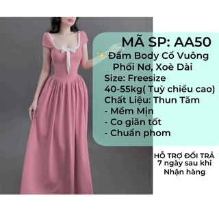 Đầm Body Cổ Vuông Phối Nơ Dáng Xòe Dài, Chất Thun Tăm Mềm Mịn Sang Trọng Phù Hợp Đi Tiêc,Đi Chơi