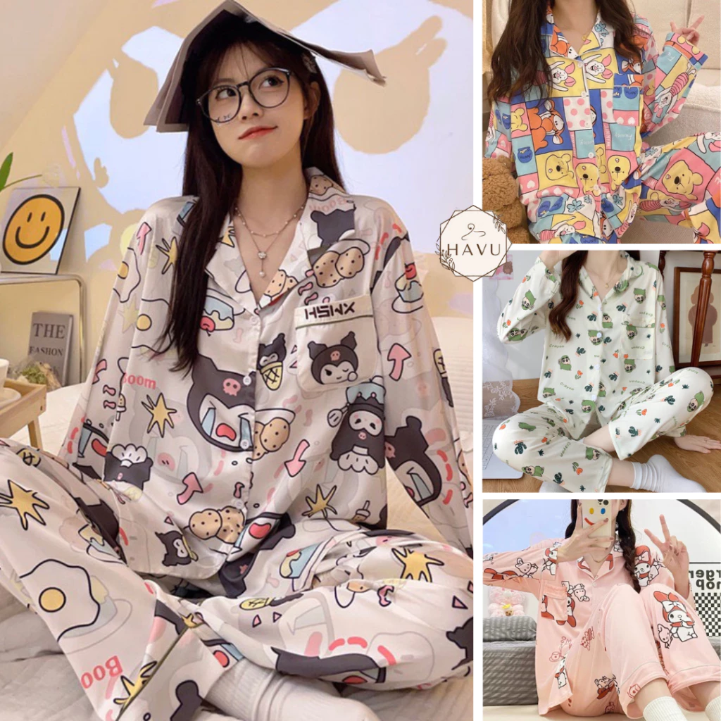 Đồ bộ mặc nhà pyjama DÀI TAY nhiều họa tiết HAVU SHOP , bộ pijama nữ tay dài quần dài cute