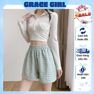 Quần đùi ngủ mặc nhà chất đũi thô họa tiết kẻ caro nhiều màu Grace Girl