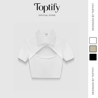 Áo croptop nữ TOPTIFY trơn ngắn tay khoét ngực ôm body chất thun gân lụa co giãn cổ bẻ đính nút -  Perterpan Top AC181