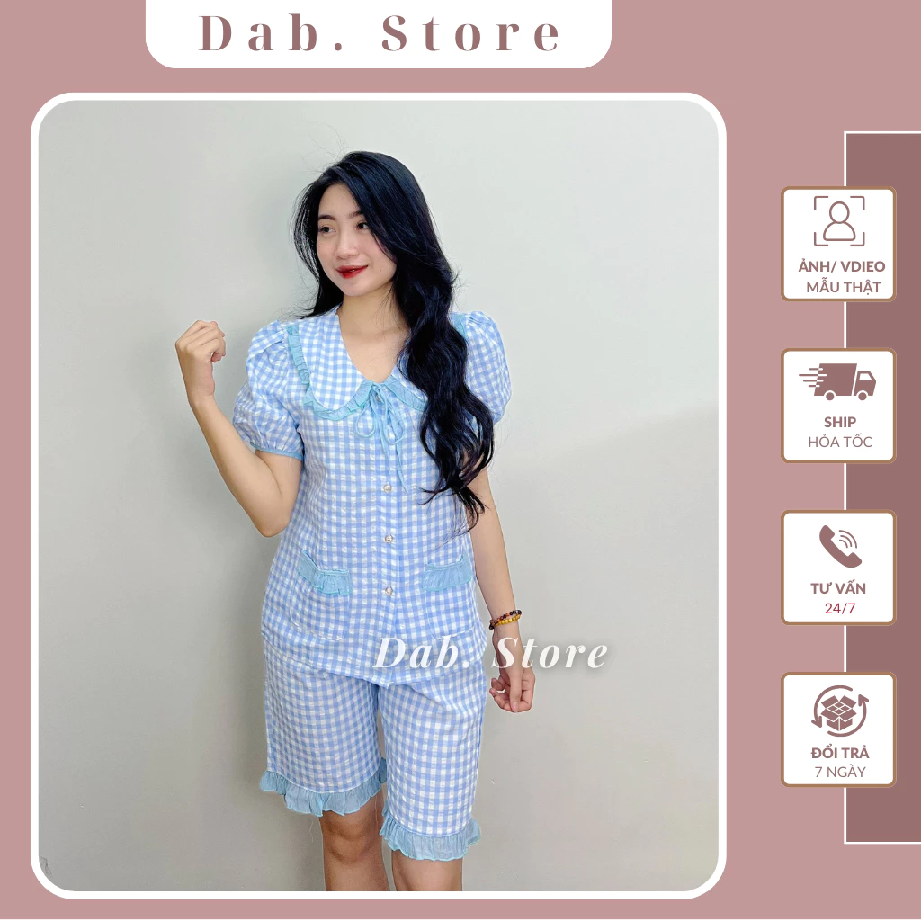 Bộ Đồ Ngủ Nữ , Đồ Bộ Mặc Nhà Kẻ Bèo Phối Nơ Ngố Chất Đũi - Dab Store