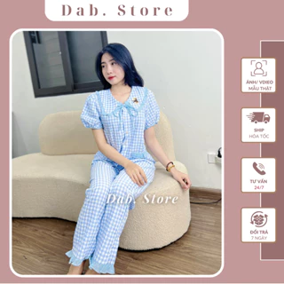 Bộ Đồ Ngủ Nữ Mặc Nhà Quần Dài Kẻ Bèo Phối Nơ Chất Đũi - Dab Store