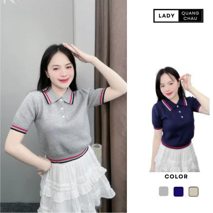 Áo len nữ ngắn tay dáng polo cộc form vừa viền cổ bẻ đóng cúc hình trơn basic  len lông thỏ hàng đẹp ladyquangchau