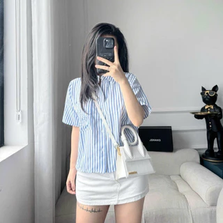 Áo Sơ Mi Croptop Ngắn Tay, Kiểu Dáng Basic, Dễ Mặc, Thêu Túi Chữ L, Thô, Thoáng Mát, TNG92965