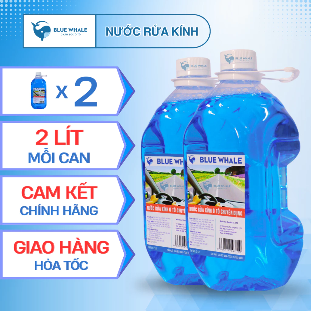 Combo 2 can nước rửa kính ô tô 2 Lít BlueWhale, xóa sạch vết bẩn trên kính lái, tạo hiệu ứng lá sen