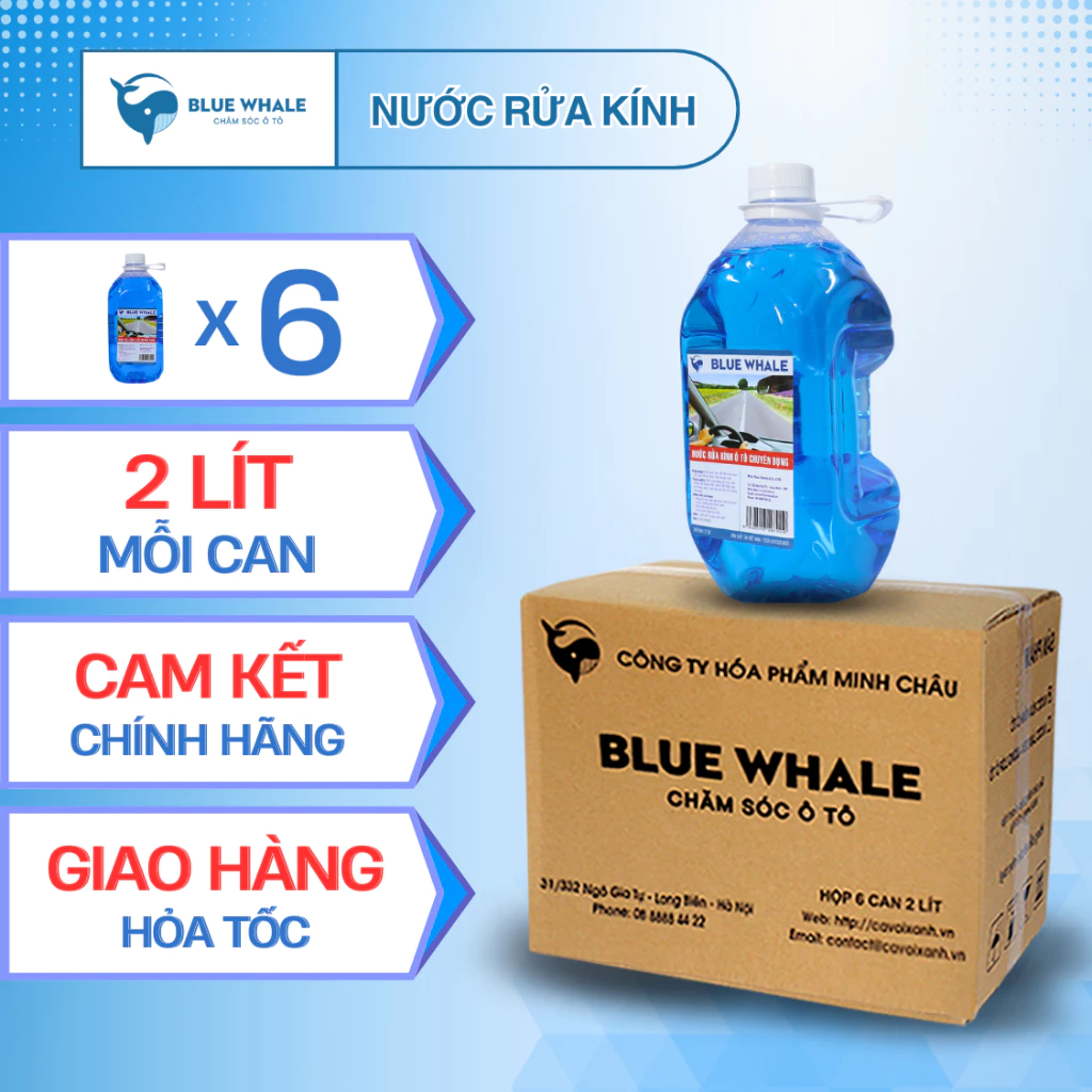 Hộp 6 can nước rửa kính ô tô đổ trực tiếp BlueWhale, xóa sạch vết bẩn trên kính lái, hiệu ứng lá sen