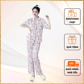 [dưới 56kg] Đồ bộ nữ Đồ bộ pijama lụa latin Tay cộc có túi quần sâu mặc nhà thoải mái mẫu mới