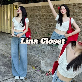 Áo croptop kiểu nữ chất thun gân cup ngực viền bèo mặc 2 kiểu Lina Closet