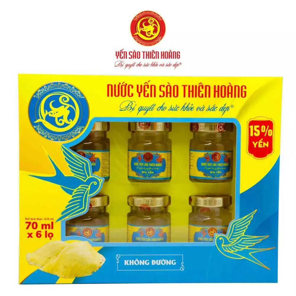 Yến Thiên Hoàng không đường 15% yến tổ cao cấp KHÔNG TÚI (6 lọ x 70ml)