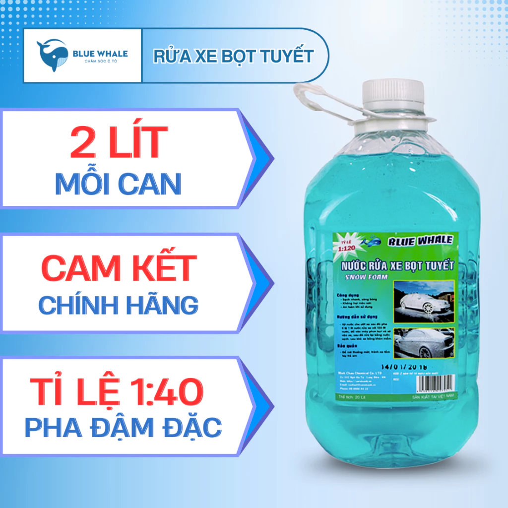 Nước rửa xe bọt tuyết đậm đặc BlueWhale 2L pha tỉ lệ 1:40, tạo bọt trắng, sử dụng nhiều trong gara