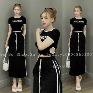 Set Váy Nữ Thun Gân Áo Croptop Ngắn Tay Phối Chân Váy Dáng Dài