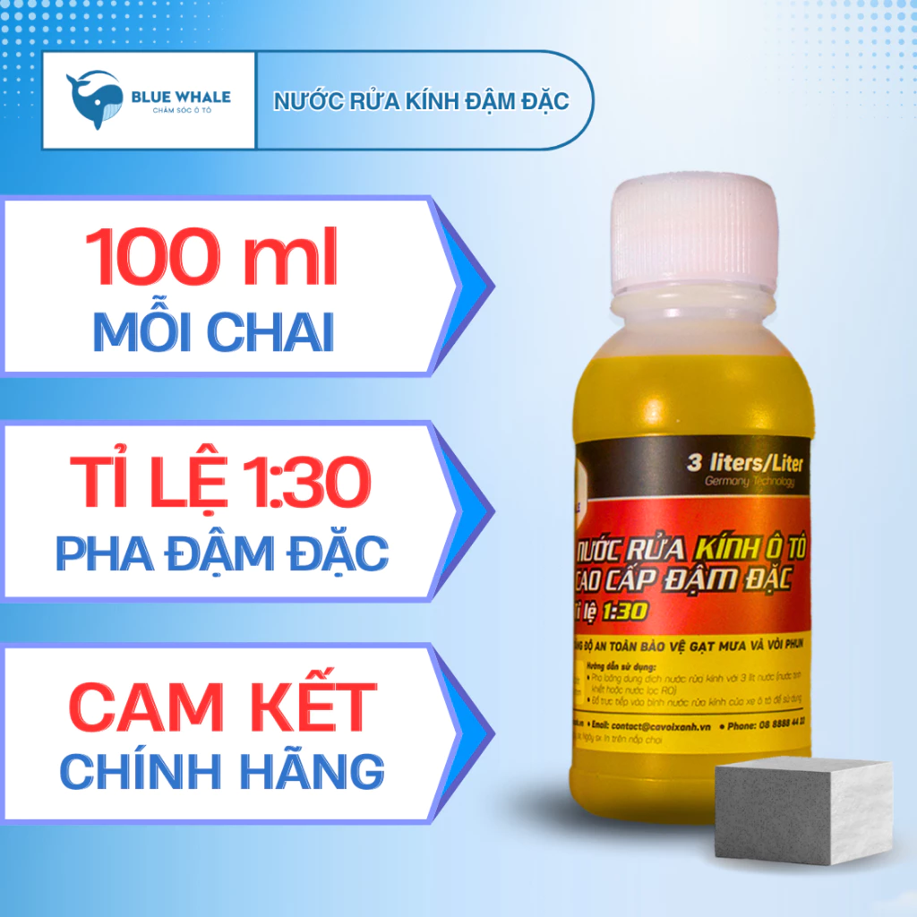 Nước rửa kính ô tô đậm đặc BlueWhale 100ml tỉ lệ 1:30 dễ dàng sử dụng tại nhà, nhỏ gọn dùng cho gara