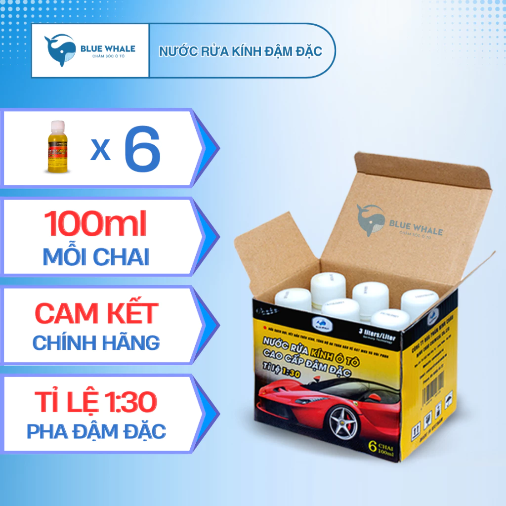 Hộp 6 chai nước rửa kính ô tô đậm đặc chính hãng BlueWhale 100ml tỉ lệ 1:30 nhỏ gọn sử dụng tại nhà