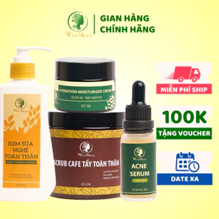 Bộ sạch mụn, trắng da mặt và body toàn diện Wonmom ( 1 Serum mụn + 1 Kem cấp ẩm + 1 Kem sữa nghệ + 1 Scrub cafe body )