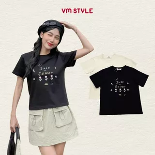 Áo thun babytee nữ VMSTYLE tay ngắn cổ tròn thêu chữ Just Flower và hoa basic, dễ thương đi học, đi chơi AM13 - ATU00635