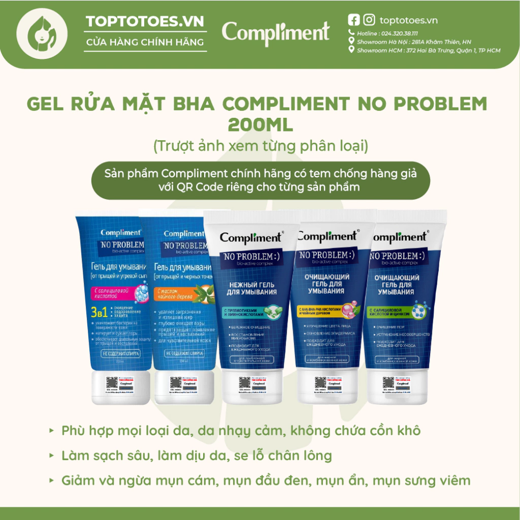 Gel rửa mặt BHA Compliment No Problem làm sạch sâu, giảm viêm & mụn 200ml