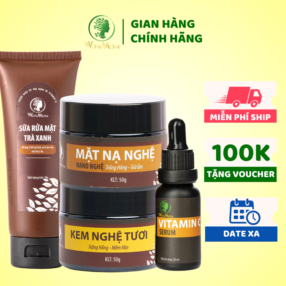 [ Giảm 100K - Đơn 969K ] Bộ trắng da, sạch nám toàn diện Wonmom (Sữa rửa mặt+Kem nghệ tươi+Serum vitamin C+ Mặt nạ nghệ)