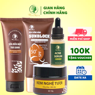 Bộ trắng da, sạch nám mụn, chống nắng chuyên sâu Wonmom (1 Sữa rửa mặt+ 1 Kem nghệ tươi+ 1 Serum mụn + 1 Kem chống nắng