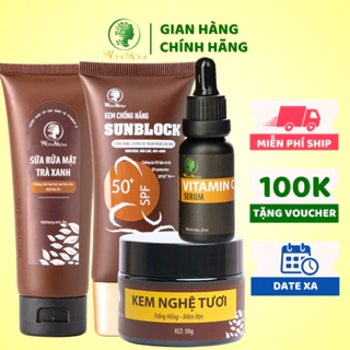 Bộ trắng da, sạch nám, chống nắng chuyên sâu Wonmom (1 Sữa rửa mặt+ 1 Kem nghệ tươi+ 1 Serum vitamin C+ 1 Kem chống nắng