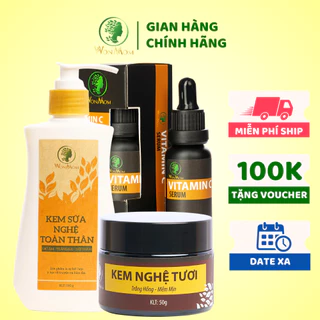 [ Giảm 50K - Đơn 479K ]Bộ trắng da mặt và body cơ bản Wonmom ( 1 Serum vitamin C + 1 Kem nghệ tươi + 1 Kem sữa nghệ toàn