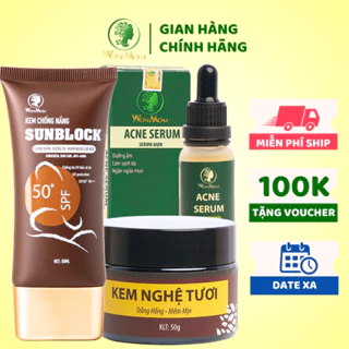 Bộ trắng da, sạch mụn nám, chống nắng cơ bản Wonmom ( 1 Kem nghệ tươi + 1 Serum mụn + 1 Kem chống nắng )