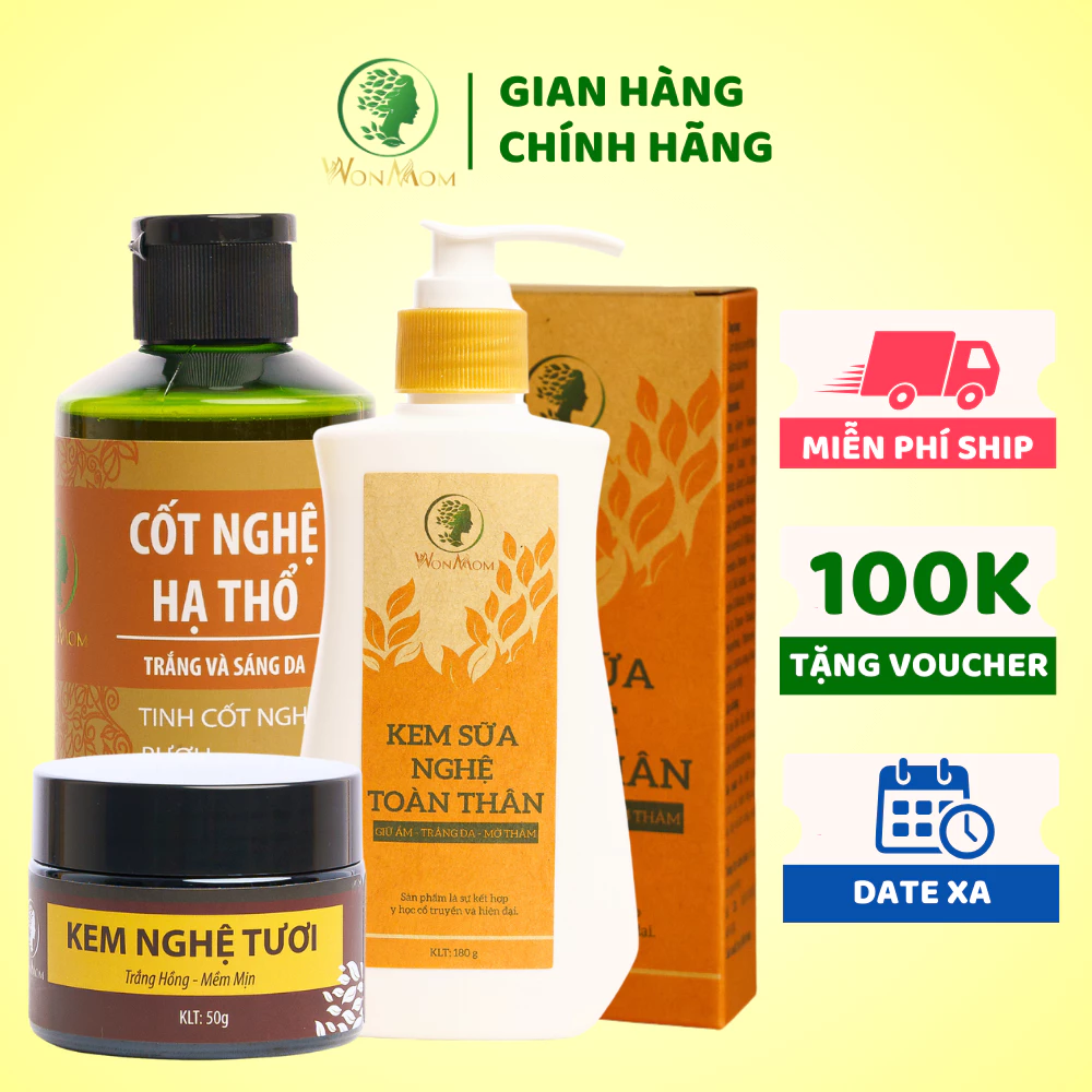 [ Giảm 50K - Đơn 479K ] Bộ dưỡng trắng hồng da mặt và body sau sinh Wonmom ( Kem nghệ tươi + cốt nghệ + kem sữa nghệ )