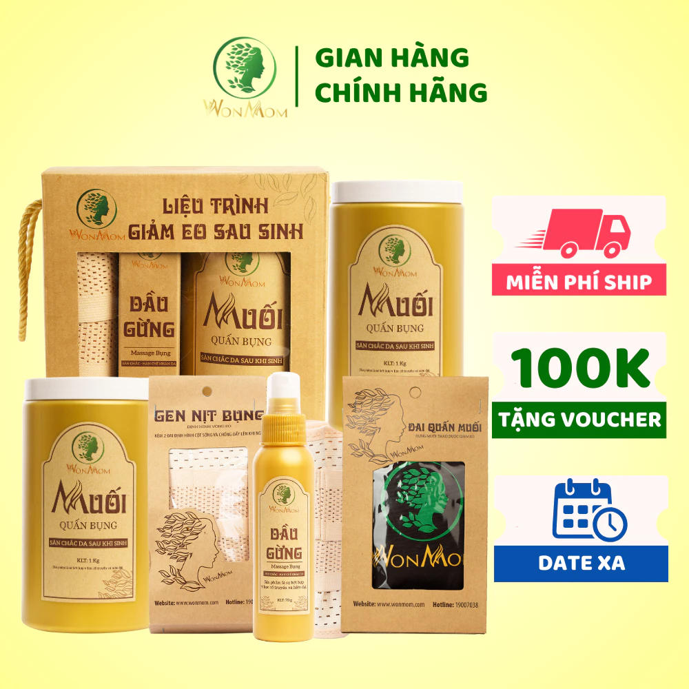 [ Giảm 50K - Đơn 459K ] Liệu trình giảm eo sau sinh dưới 3 tháng WonMom ( Bộ 2 Hộp muối quấn bụng )