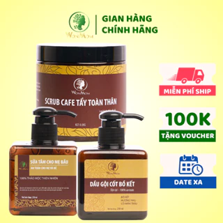 Bộ tắm gội toàn diện từ thảo mộc Wonmom ( 1 Dầu gội cốt bồ kết + 1 Sữa tắm cho mẹ + 1 Scrub café tẩy body )