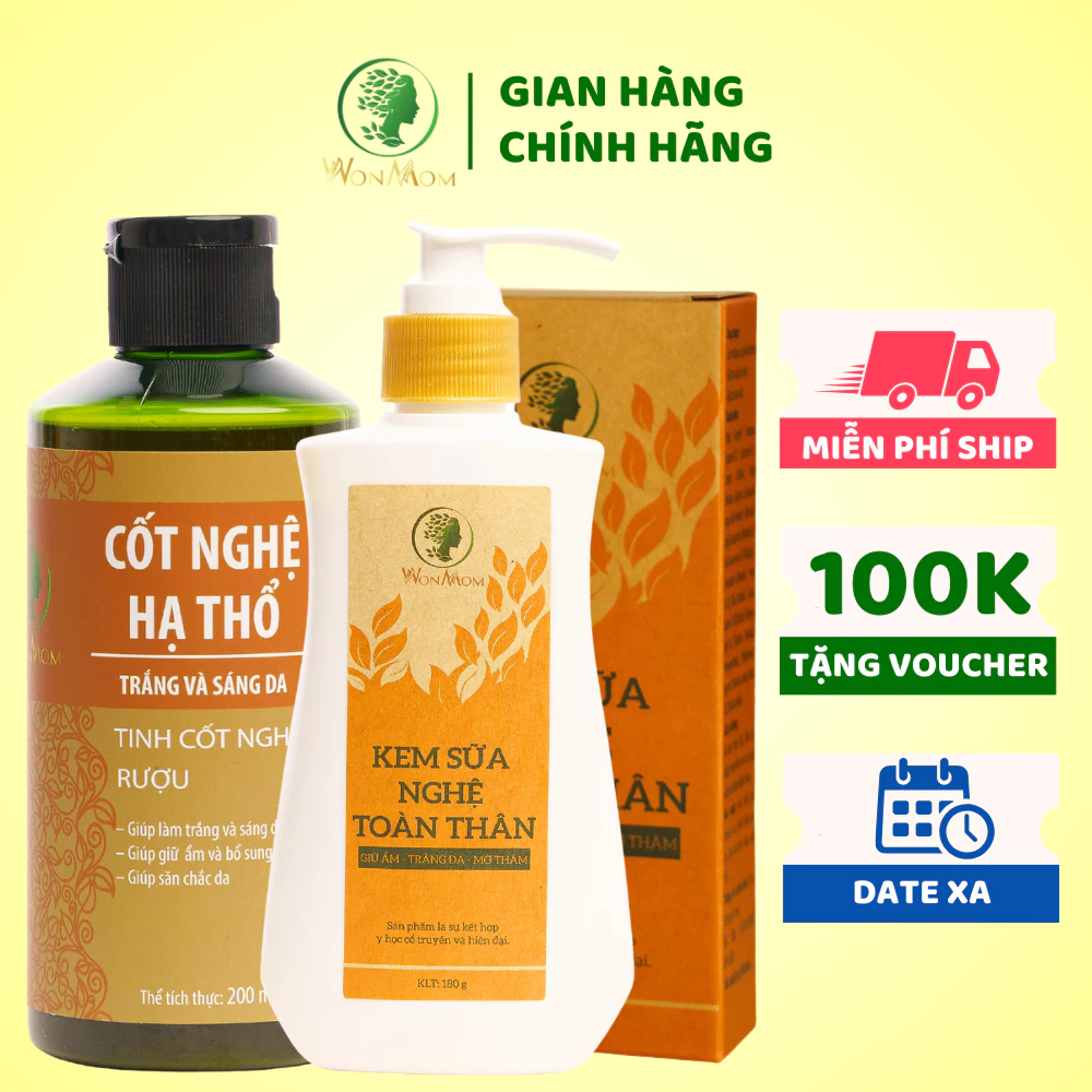 [ Giảm 50K - Đơn 479K ] Bộ dưỡng trắng da body cho mẹ sau sinh Wonmom ( 1 kem sữa nghệ toàn thân + 1 cốt nghệ)