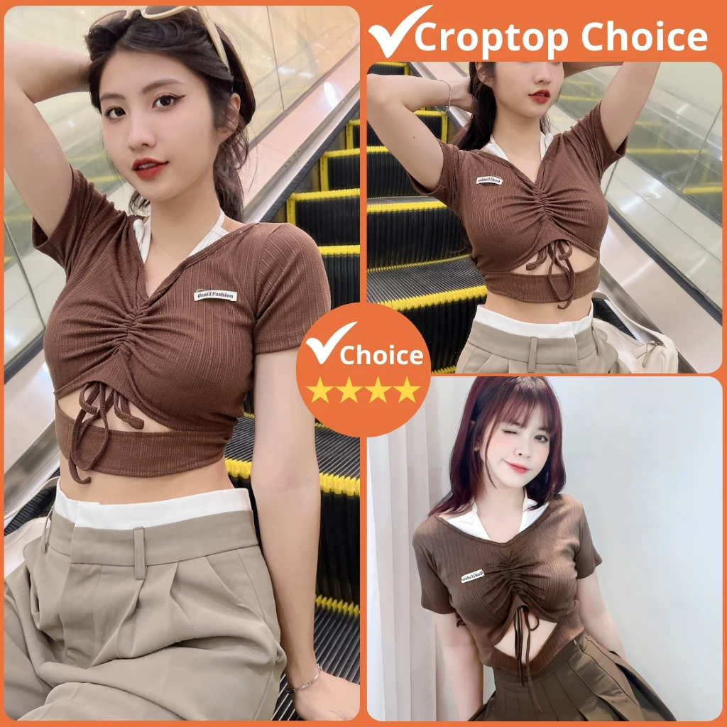 Áo croptop nữ cổ yếm màu nâu CHOICE áo kiểu nữ rút dây ôm body tôn dáng cực xinh vải mềm mịn A-13