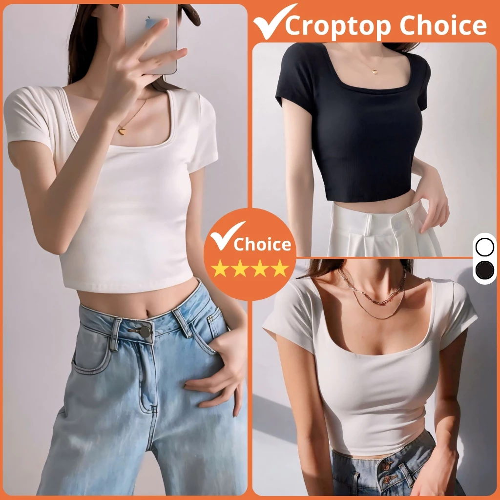 Áo croptop ngắn tay cổ vuông CHOICE áo thun nữ ôm body tôn dáng vải cotton dày dặn thoáng mát A-21