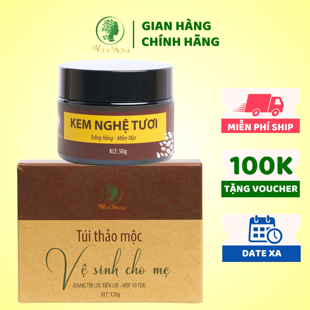 [ Giảm 35K - Đơn 339K ] Combo chăm sóc cho mẹ Wonmom ( 1 Kem nghệ tươi 50g + 1 Hộp thảo mộc vệ sinh cho mẹ 10 túi/hộp)