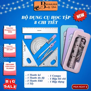 Bộ Đồ Dùng Học Tập Đa Năng - Bộ Thước Kẻ 8 Chi Tiết Cho Bé Học Toán, Hình Học Compa, Eke - Bộ Compa, Tẩy, Ngòi Chì