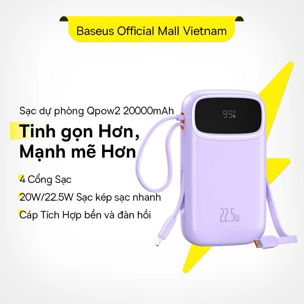 [HCM Hoả tốc] Sạc Dự Phòng Hai Đầu Dây Baseus Qpow2 20000mAh PD 22.5W TypeC &IP 2 Cổng Tiện Dụng Cho iP 15 14 13 Samsung