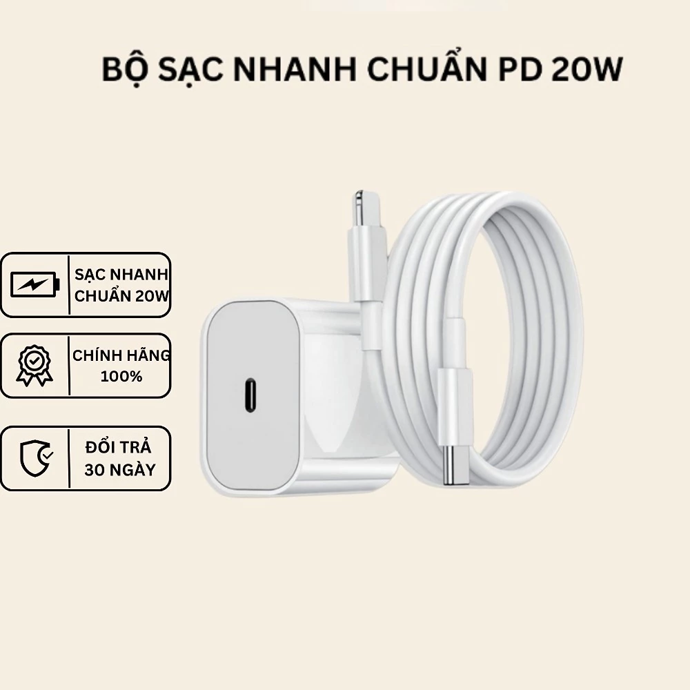 Bộ Sạc Nhanh 20W(Củ P.D +  Dây sạc nhanh Typ.e-C)không nóng máy,An Toàn Ổn Định