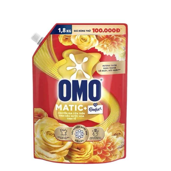 Túi Nước giặt Omo Matic cửa trên hương Comfort Hoa Vàng 1.8kg