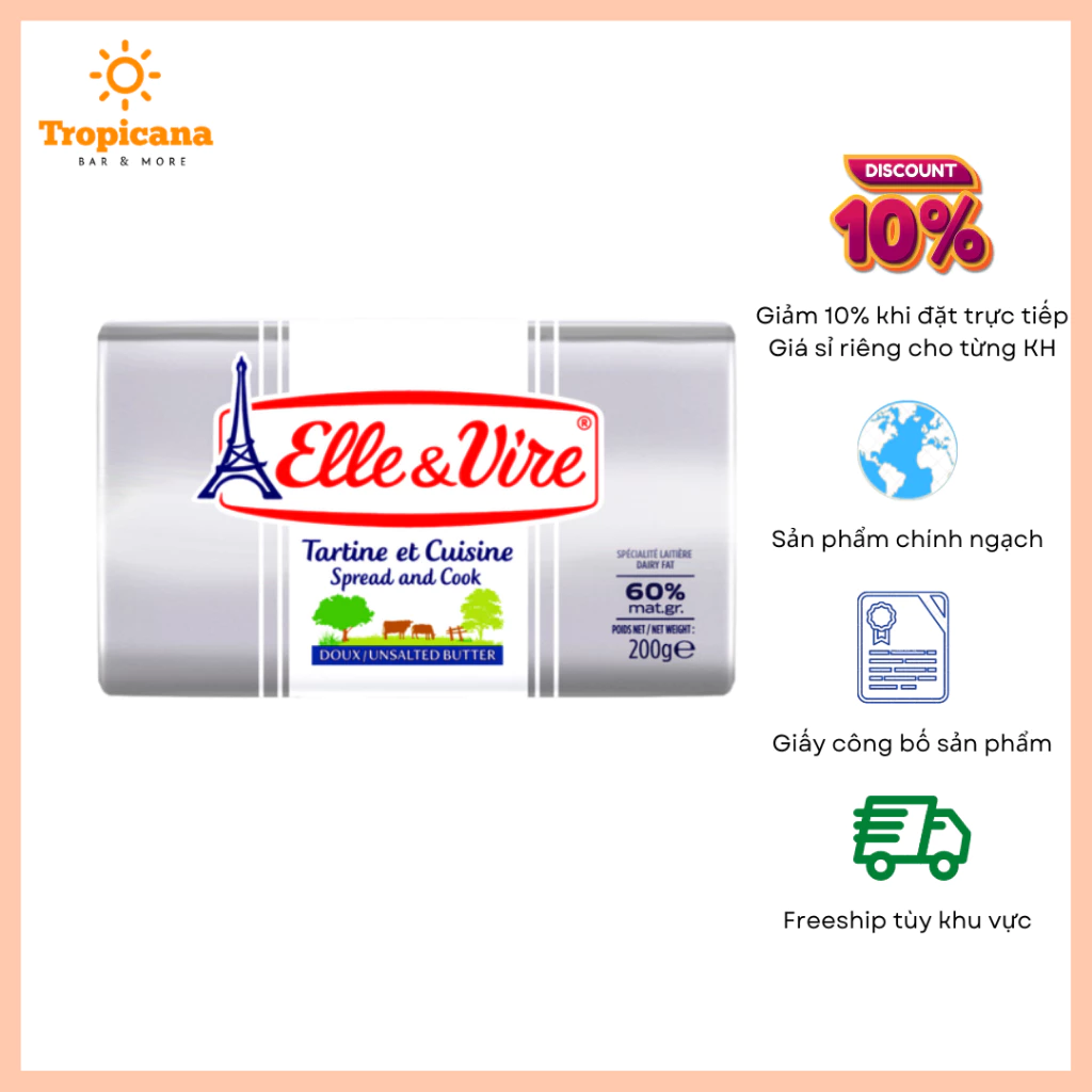 Bơ lạt Elle&Vire 60% béo - Thỏi 200gr