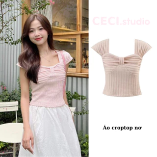 Áo Len Xốp Croptop CECI Trễ Vai Thiết Kế Cách Điệu Hình Nơ Nữ Tính Phong Cách Hàn Quốc, Áo Croptop Nữ Xinh [A444]