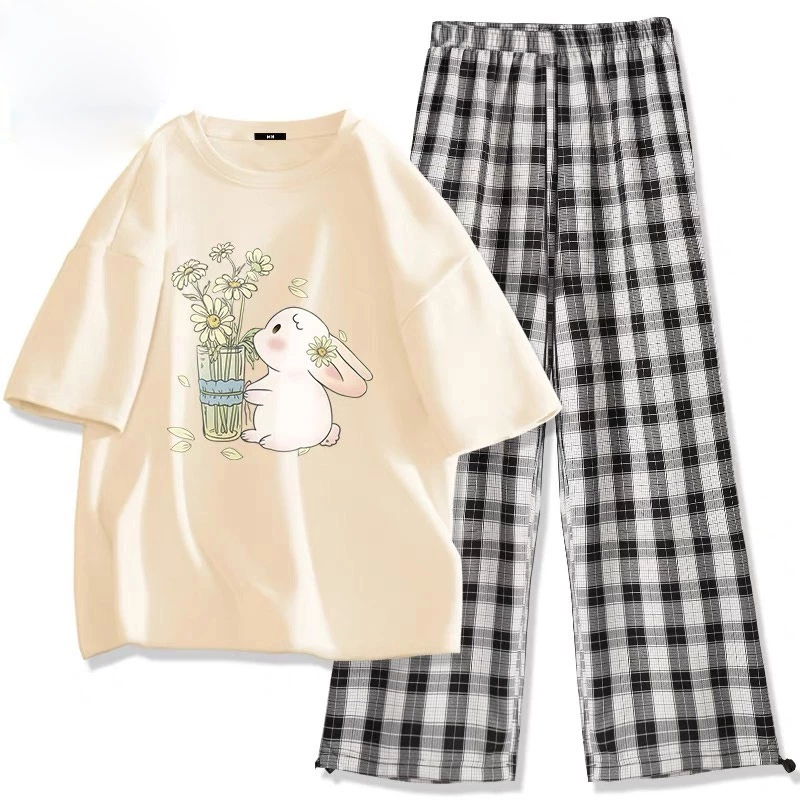 Set bộ dài áo thun cotton, quần suông caro to nữ thời trang. Đồ bộ mặc nhà, đi chơi in THỎ HOA