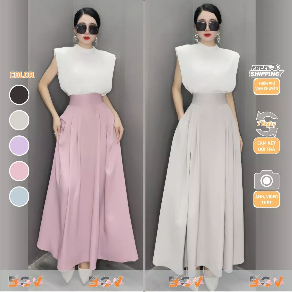 Chân váy xếp ly cạp cao dài 96cm, khóa kéo sườn, có túi 2 bên. vải TRƯỢT HÀN mềm, min, mướt