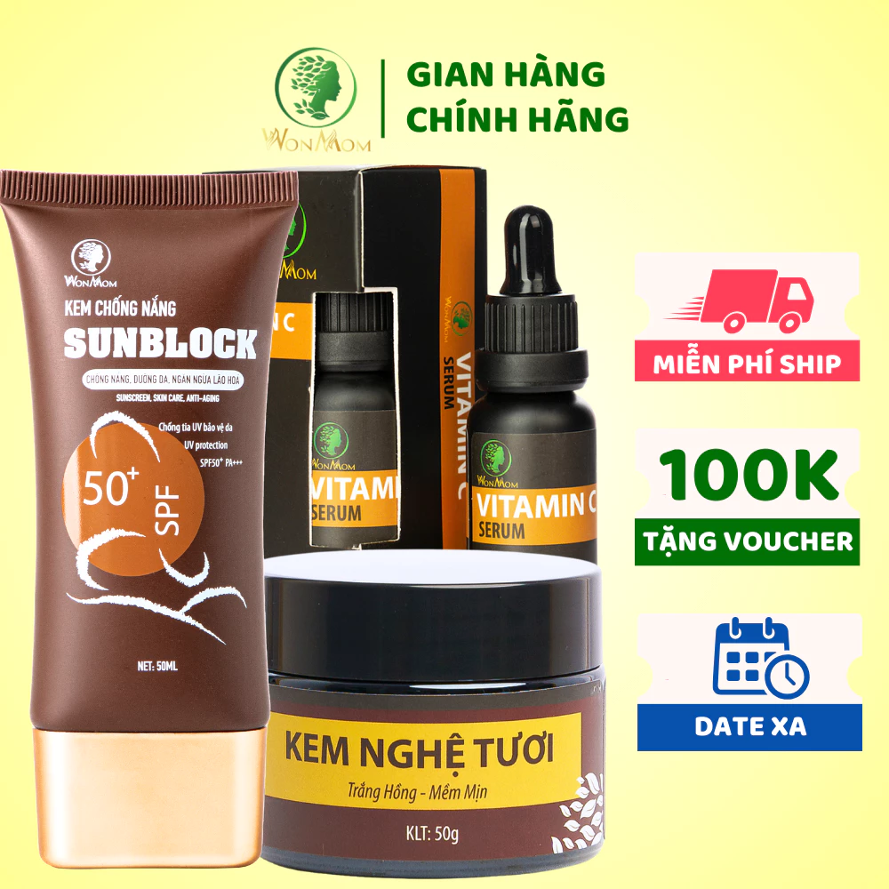 Bộ trắng da, sạch nám, chống nắng cơ bản Wonmom ( 1 Kem nghệ tươi + 1 Serum vitamin C + 1 Kem chống nắng )