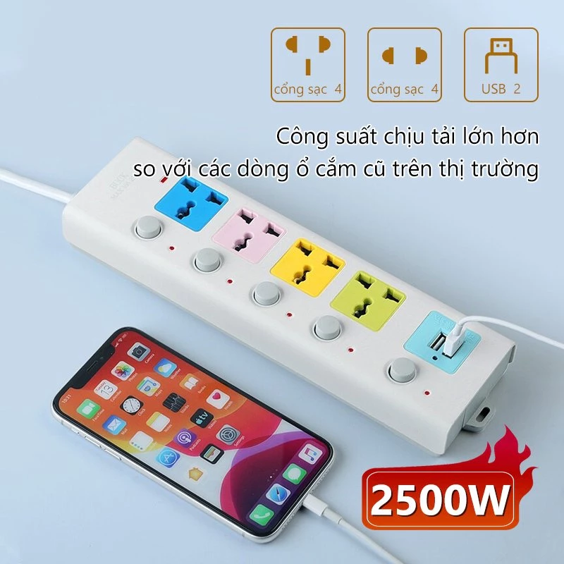 Ổ Cắm Điện USB Đa Năng Chịu Tải 2500W  2 Cổng USB Có Chốt Bấm Chống Giật An Toàn